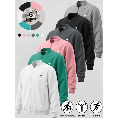 Men's Long Sleeve Plain Minimalist Zip-Up Jacket - Menswear Top, Chest Minimal Print, Ribbed Collar-Cuffs-Hem, Full Zipper, Side Pockets, Loose Fit, Soft Lightweight Fabric, Multi-Color for Fitness, Daily Street Outfits