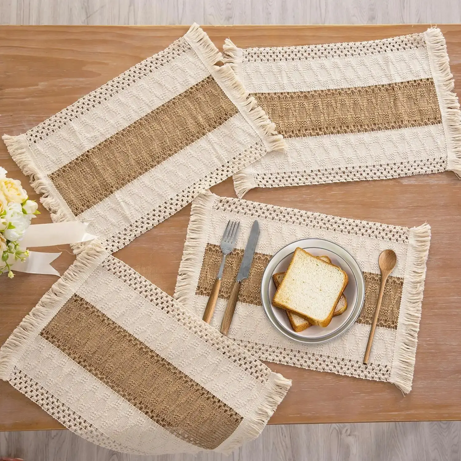 4-Piece Boho Knit Rectangular Placemats Set, Natural Cotton Burlap Kitchen Accessories With Natural Tones, Macrame Table Decor For Dining Table, Wedding Gifts (4 Mats Included)