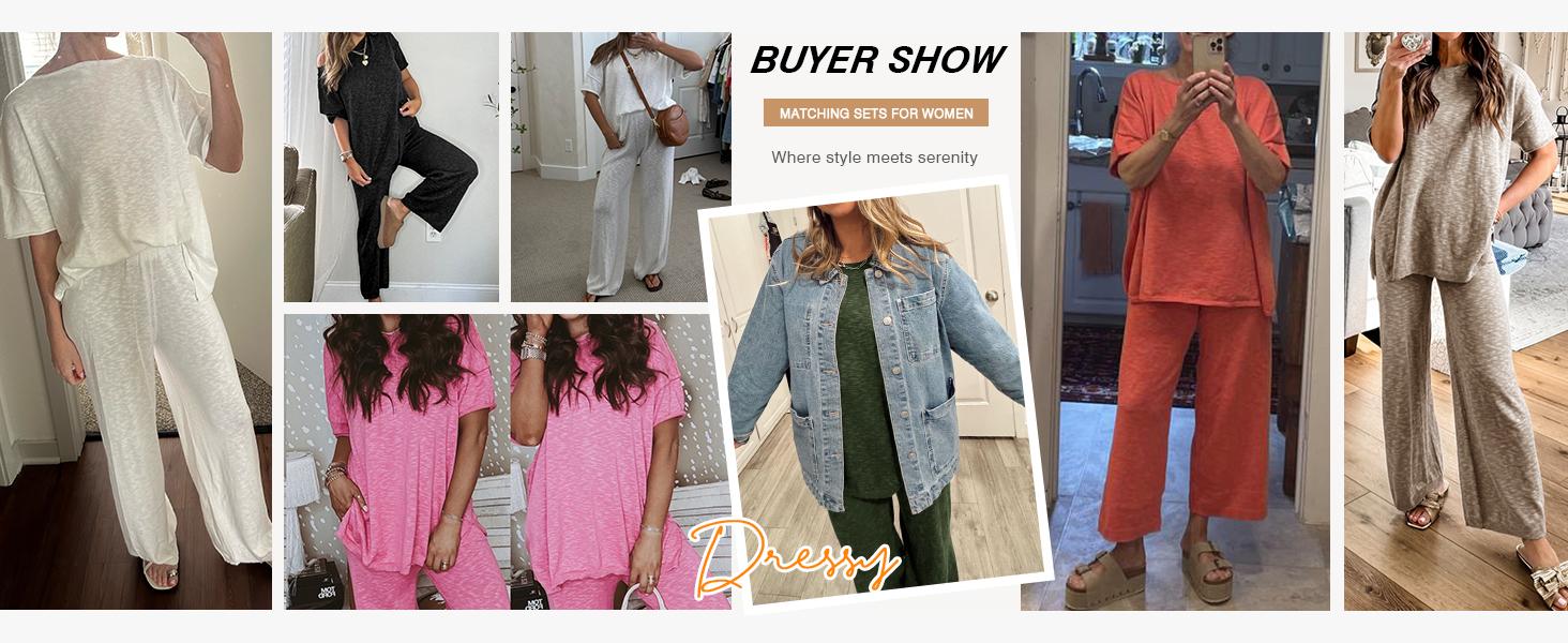 Imily Bela Women's 2 Piece Travel Outfits Casual Short Sleeve Knit Pullover Tops Wide Leg Pants Lounge Sets Tracksuit