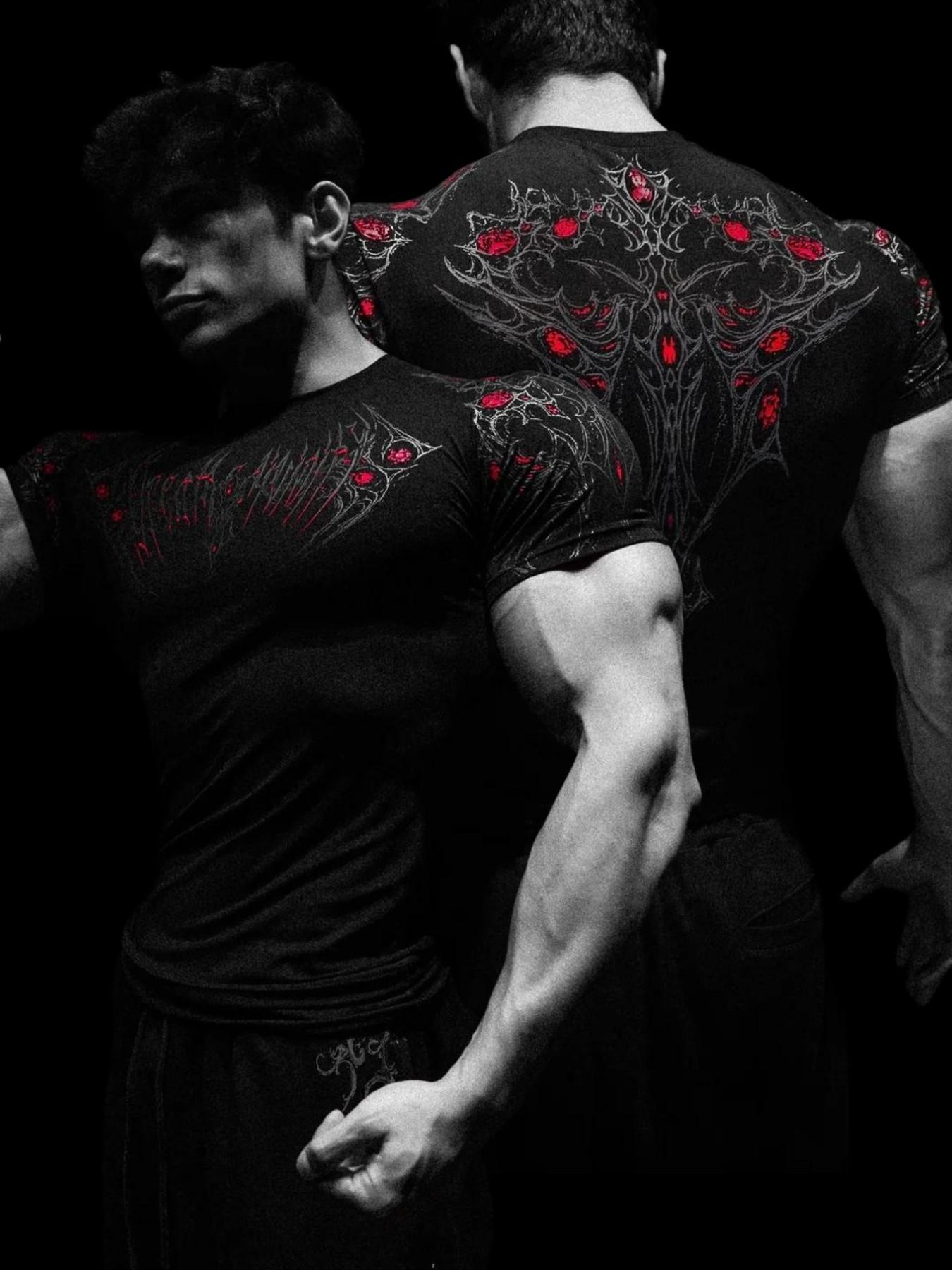 Men's Slim-Fit Short Sleeve T-Shirt, Cyber Gothic Dark Style, Elastic Quick-Dry Fitness Top, Ideal for Strength Training & Streetwear