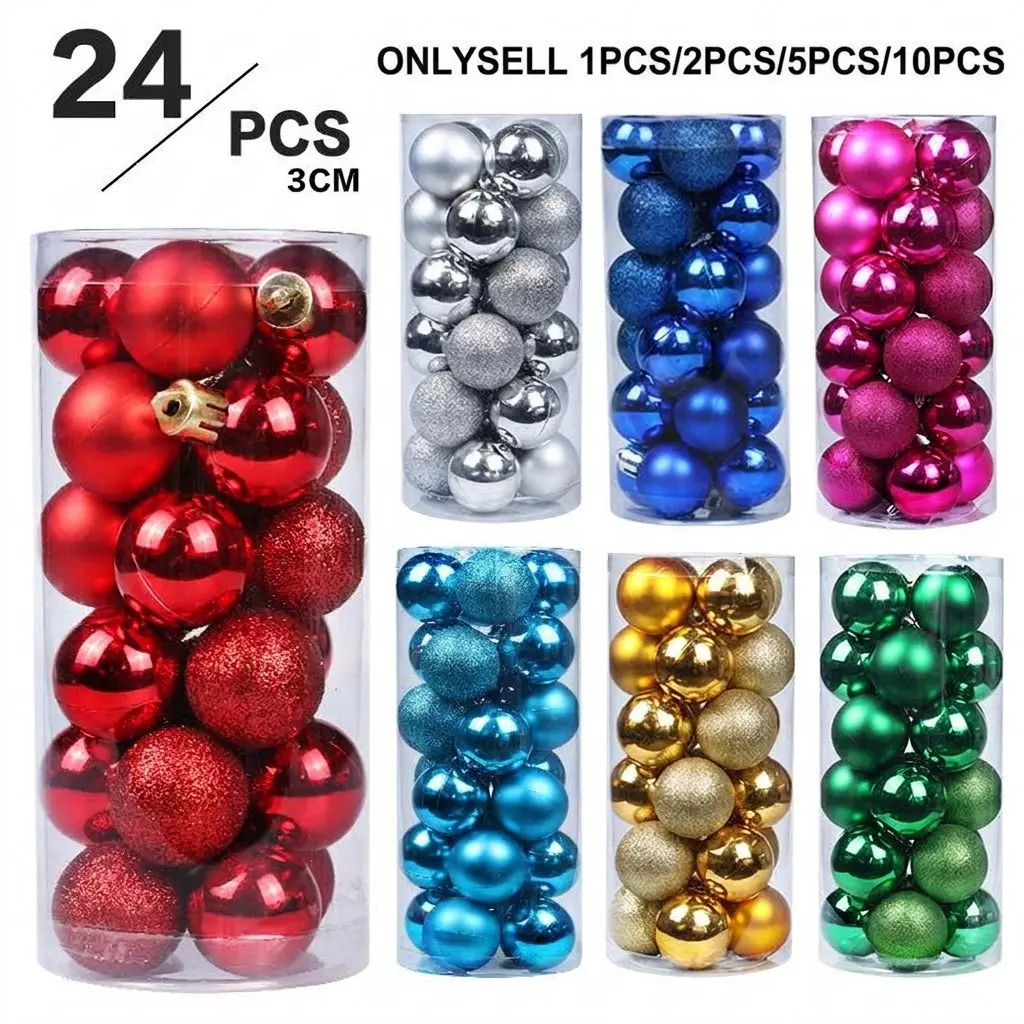 Christmas Decoration Colorful Balls Set, 24pcs Bucket Christmas Tree Hanging Ornaments, Mall Store Window Display Decorations