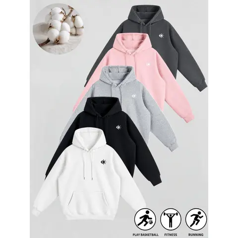 Men's Cotton Blend Casual Pullover Hoodie - Long Sleeve, Hooded, Front Kangaroo Pocket, Minimal Star Logo Print, Loose Fit, Medium Length, Plain Geom - Hoodies Streetwear, Casual Basics, Machine Wash for Daily, Street, Workout Wear