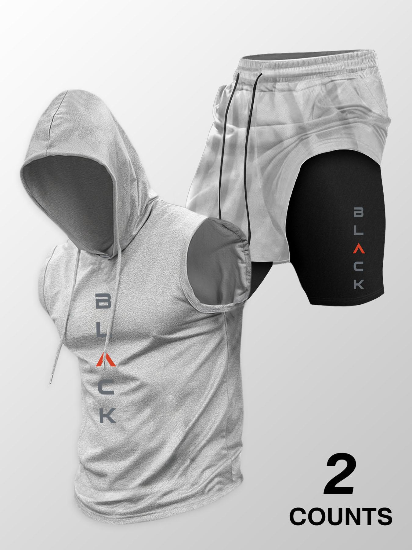Two-Piece Set Men's Hooded Graphic Tank Top & Shorts Set, Regular Fit Casual Sleeveless Top & Shorts, Men's Clothing Set for Summer