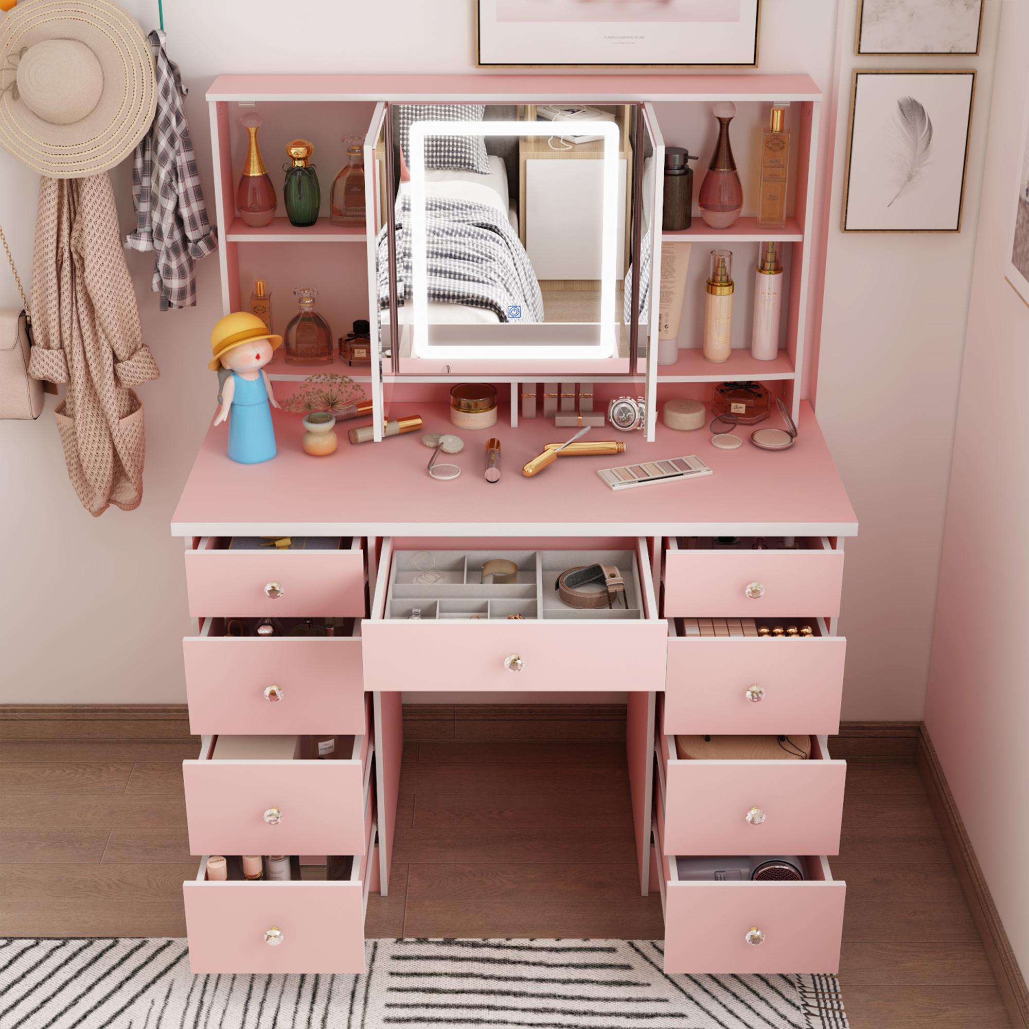 FUFUGAGA-43.3"W Vanity Desk With 9 Drawers, Makeup Desk With 3-Mirror And Touch Screen Light, Dressing Makeup Table For Bedroom
