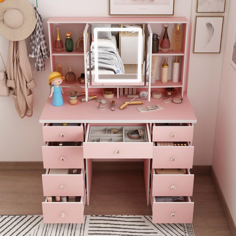FUFUGAGA-43.3"W Vanity Desk With 9 Drawers, Makeup Desk With 3-Mirror And Touch Screen Light, Dressing Makeup Table For Bedroom