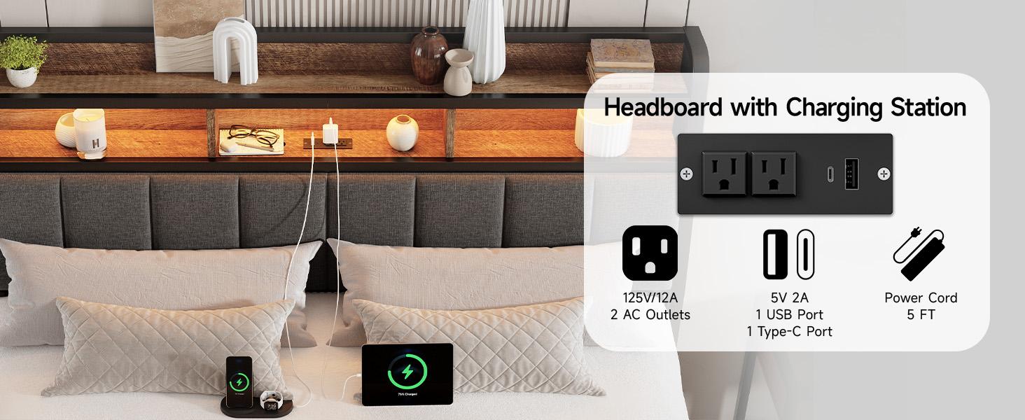 【SPOTLIGHT DAY】ONBRILL Ergonomic Headboard for Queen Size Bed with 2-Tier Storage, Upholstered Headboards with Outlets, USB Ports, LED Light, Queen Head Board Only, Height Adjustable, Sturdy and Stable