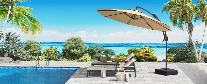 【Valentine's Day Gift】ONBRILL Outdoor Patio Umbrella with Base Includeds, 10 FT Cantilever Umbrella withstands Wind and Weather, Sturdy Sun Shade Hanging Umbrella for Deck, Pool, 240G/M2, UPF50+, Class 4 color fastness