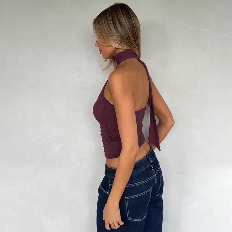 Adjustable Neck Tie Strapless Crop Top with Ruched Side Women's 2025 Fall New Slim Fit Solid Color Essential for Holiday Beach Party & Night Dating Outfits Ladies Casual Sleeveless Short Tank Vest