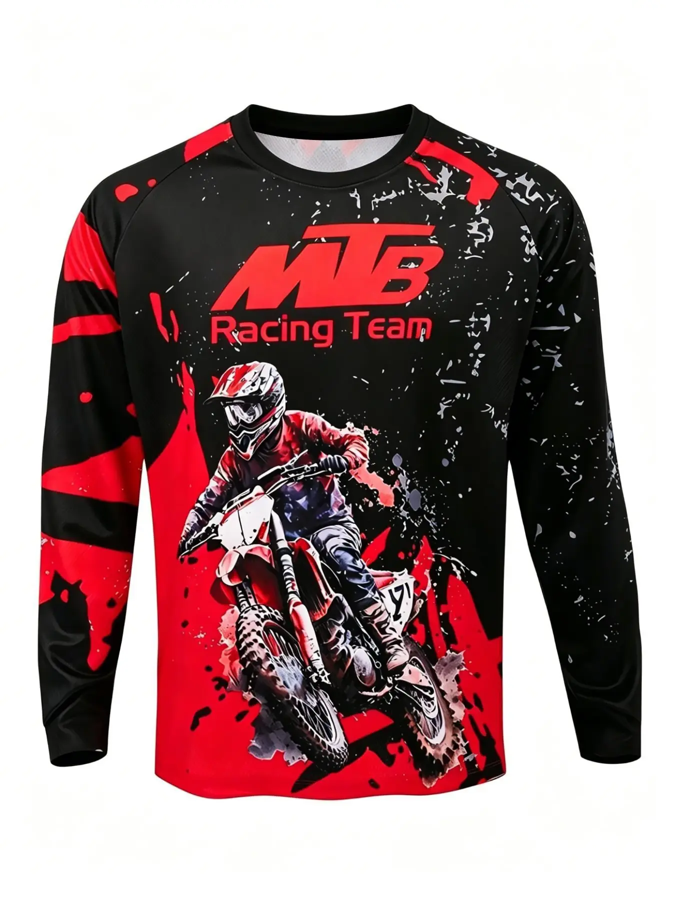 Men's MTB Racing Team Dirt Bike Print Crew Neck Long Sleeve T-shirt, Sportswear Clothing, Quick-drying Breathable Tops for Motorcycle Riding Style Outdoor Sports