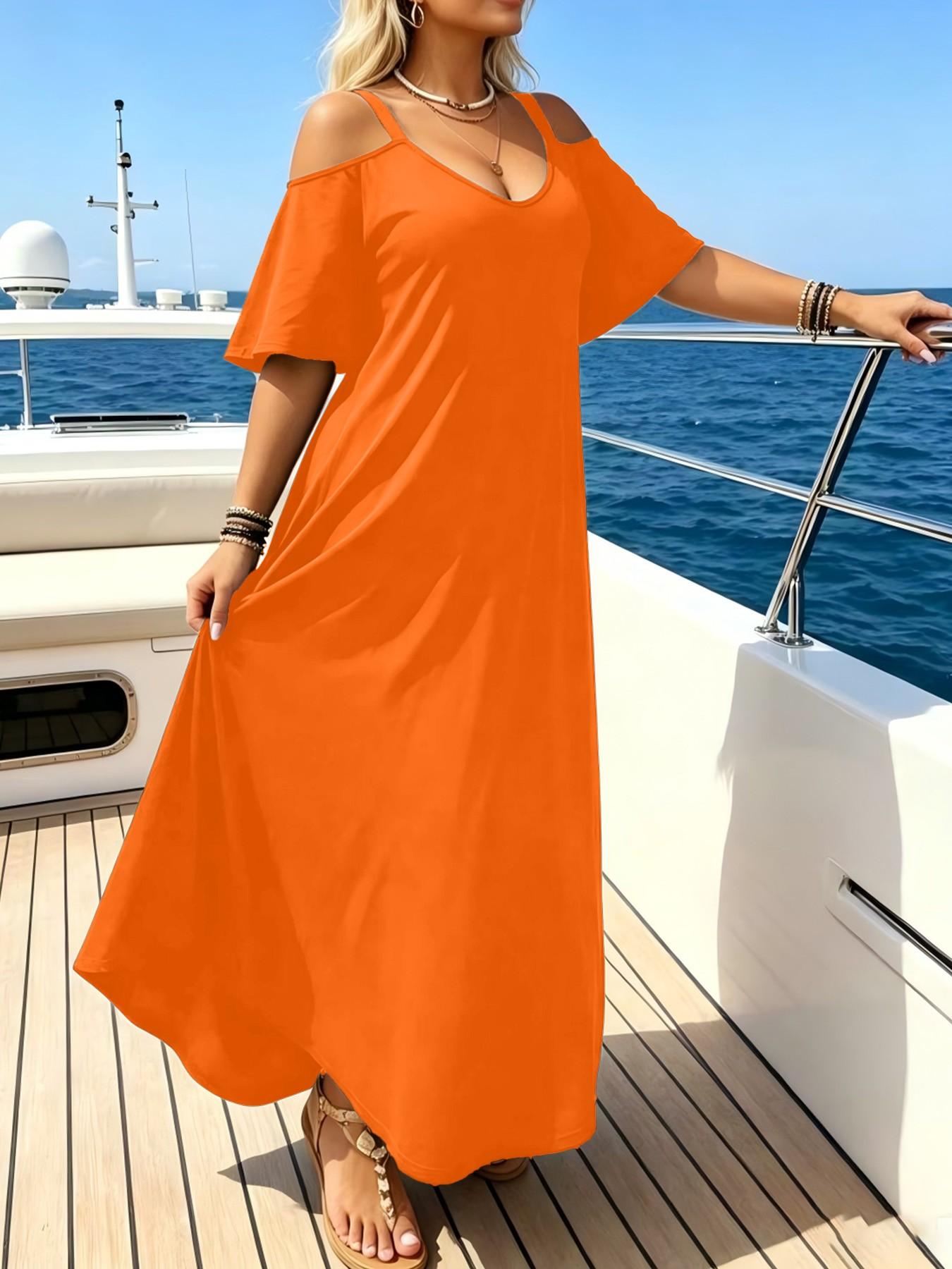 8 Color Options Plus Size Women's Summer Casual Chic Cold-Shoulder Short Sleeve A-Line Maxi Dress, Loose Fit V-Neck, Beach Vacation Essential, Casual Dresses