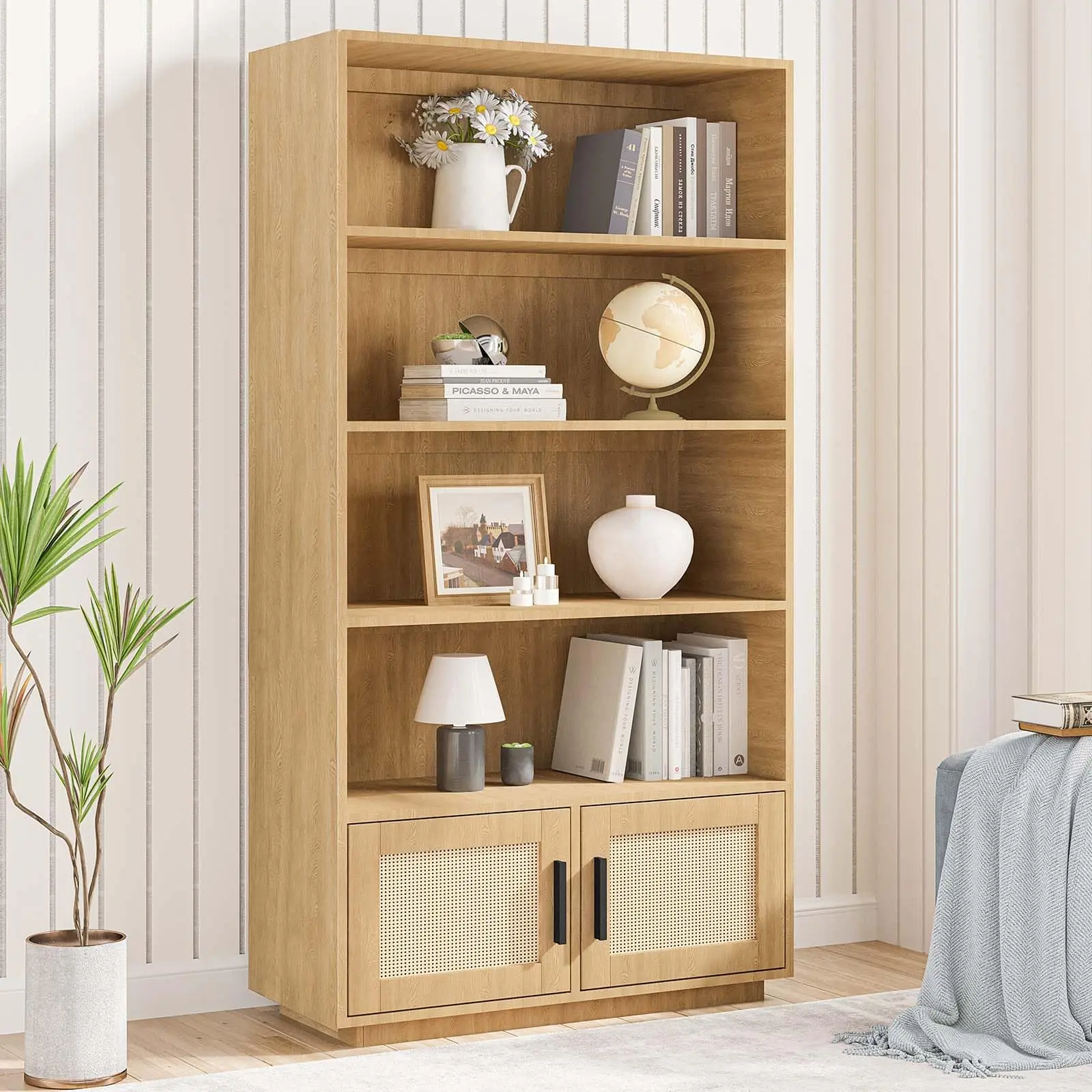Garvee 5-Tier Boho Wooden Bookcase with Rattan Doors – Tall Bookshelf with Storage for Living Room, Bedroom, Home Office and Kitchen