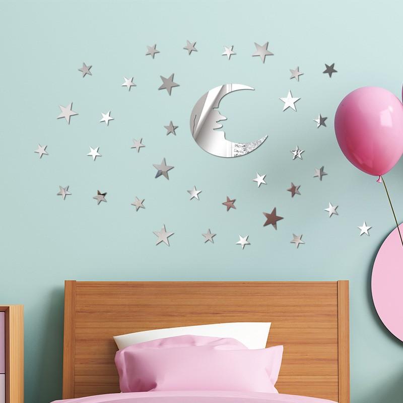 Moon & Stars Acrylic Mirror Wall Stickers, 3D Self-Adhesive DIY Celestial Mirror Wall Decals, Modern Nordic Style Shatterproof Wall Art Decor for Kids Room Bedroom Nursery, Make Room Look Bigger, Easy Install