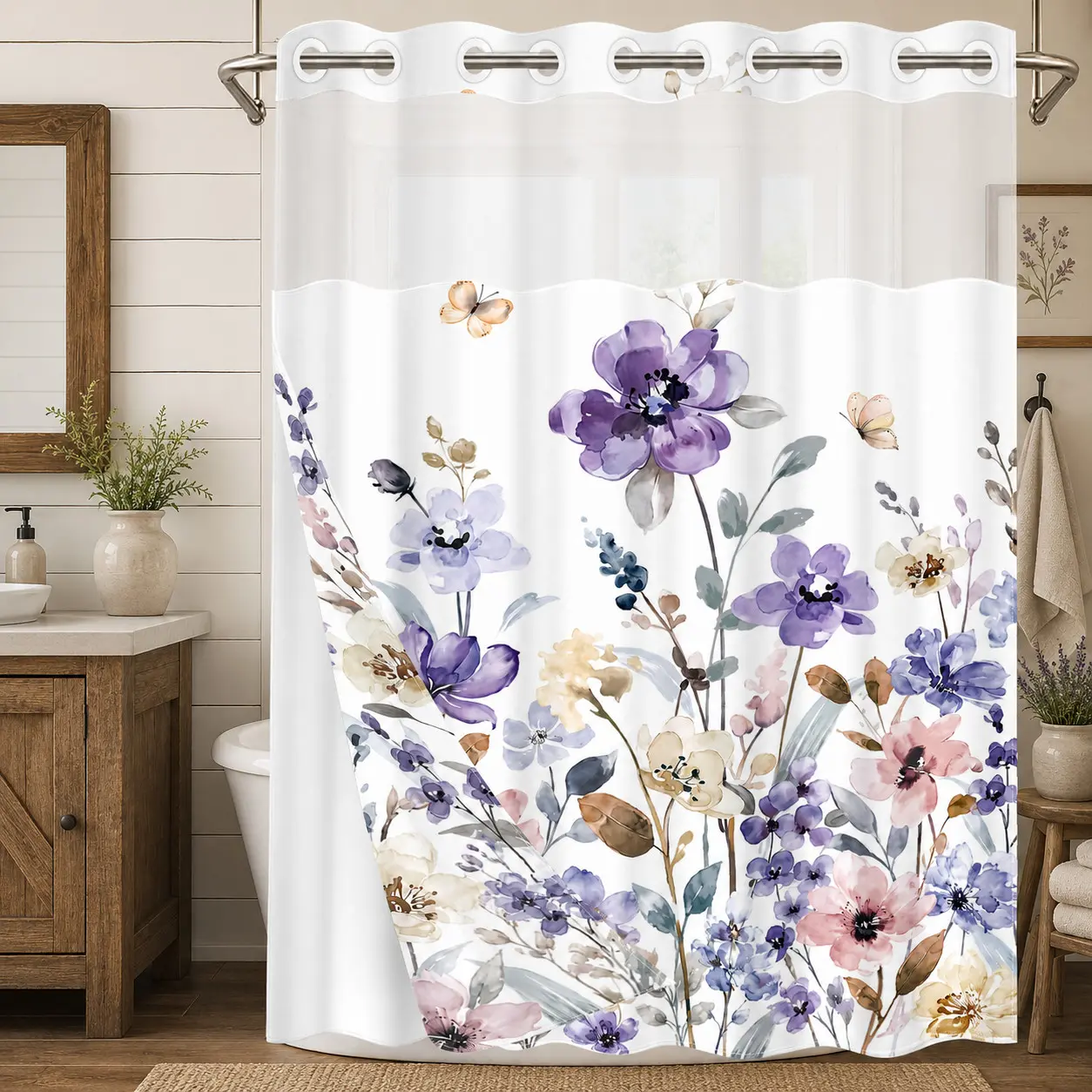 1pc 2D Purple Pink Watercolor Wildflower and Butterfly Print Double-Layer Woven Shower Curtain, Hookless Design, Sheer Light-Filtering Top Window, Detachable Snap-On White Liner, Romantic Garden Decor for Spring and Summer Bathrooms