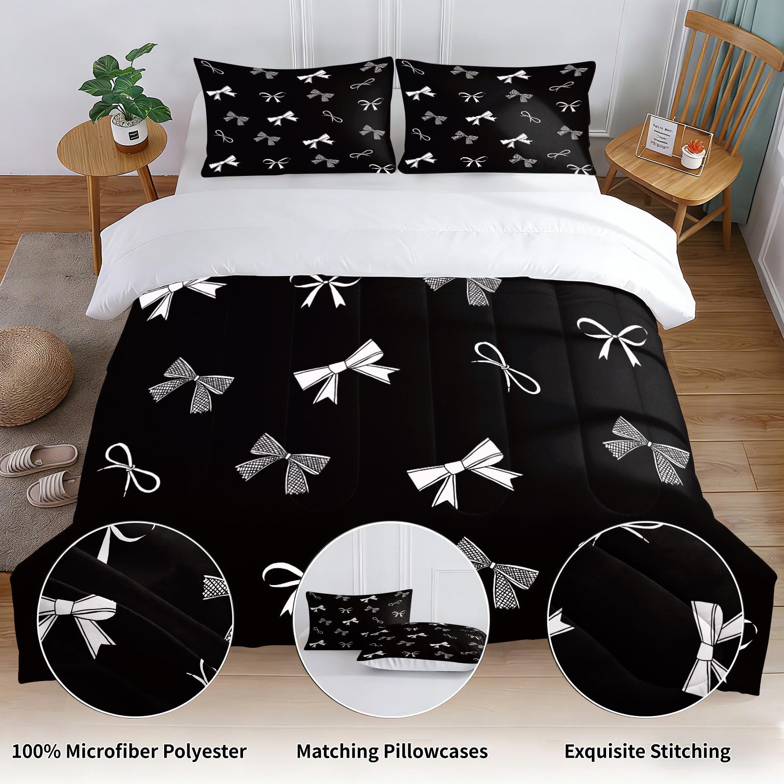 2/3Pcs Black Bow Print Comforter Set, Soft Microfiber Bedding Set with Pillowcases, Coquette Aesthetic Quilt, All Season Lightweight Digital Printed Bed Set for Girls Teens Bedroom Decor