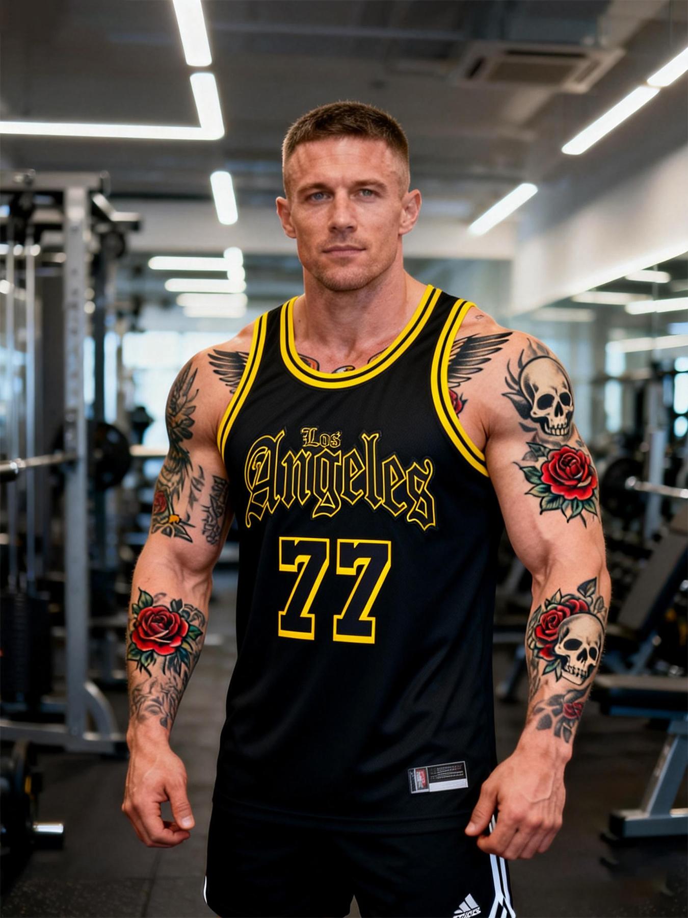 Men's #77 Stitched Basketball Jersey, Loose Fit Knit Fabric, Embroidered Letters and Numbers, Unisex Outdoor Training Casual Wear