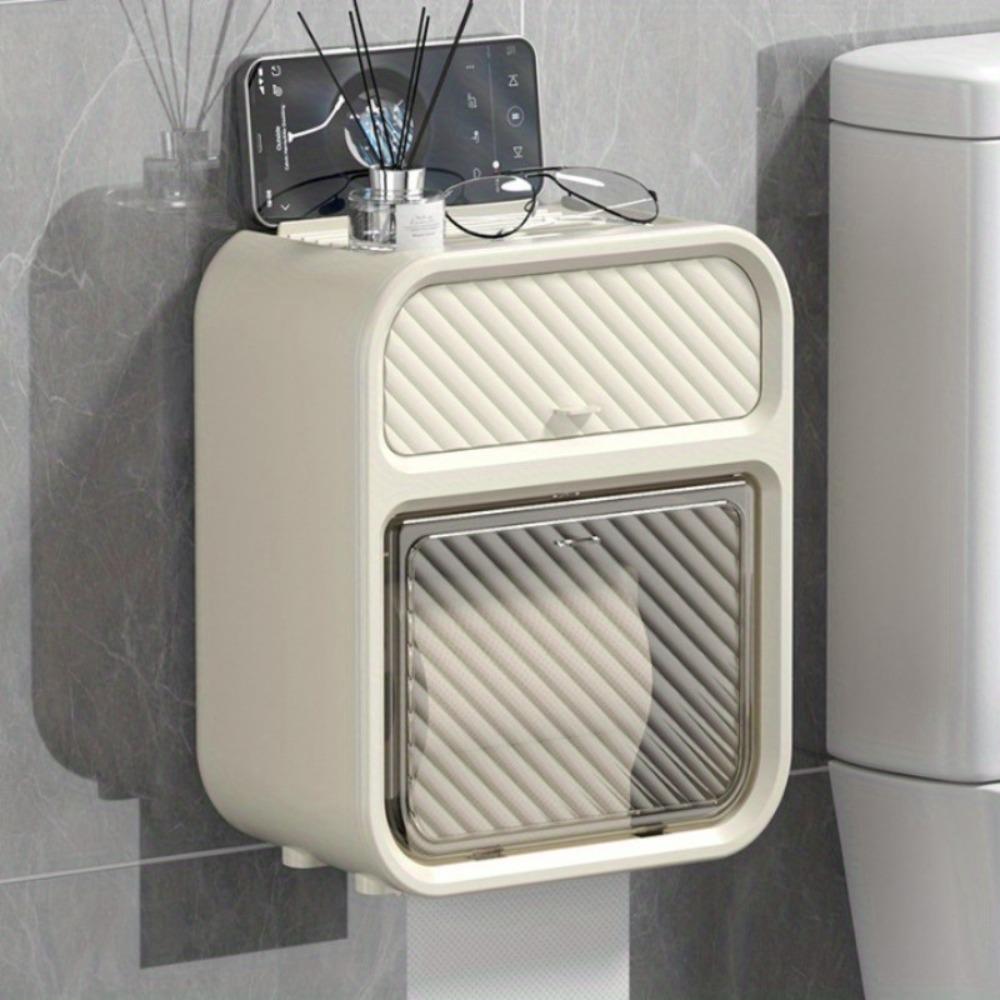 Bathroom Shelf with Drawers, Toilet Tissue Box — Suitable for Both Roll Paper and Facial Tissue. Punch-free Wall-mounted Roll & Facial Tissue Holder, Can Hold Mobile Phones, with Lid, Also for Sanitary Napkin Storage.