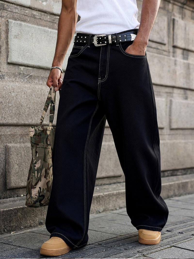 Men's American Vintage Wide Leg Straight Jeans, All-Season Distressed Denim Jeans, Casual Loose-Fitting Streetwear