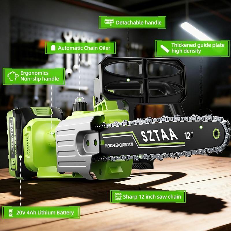 12-inch cordless electric chain saw, equipped with 2 batteries, is a portable handheld small woodworking chain saw that can be used for pruning, gardening and camping - suitable for middle-aged people and men - and is an excellent gift for festivals.