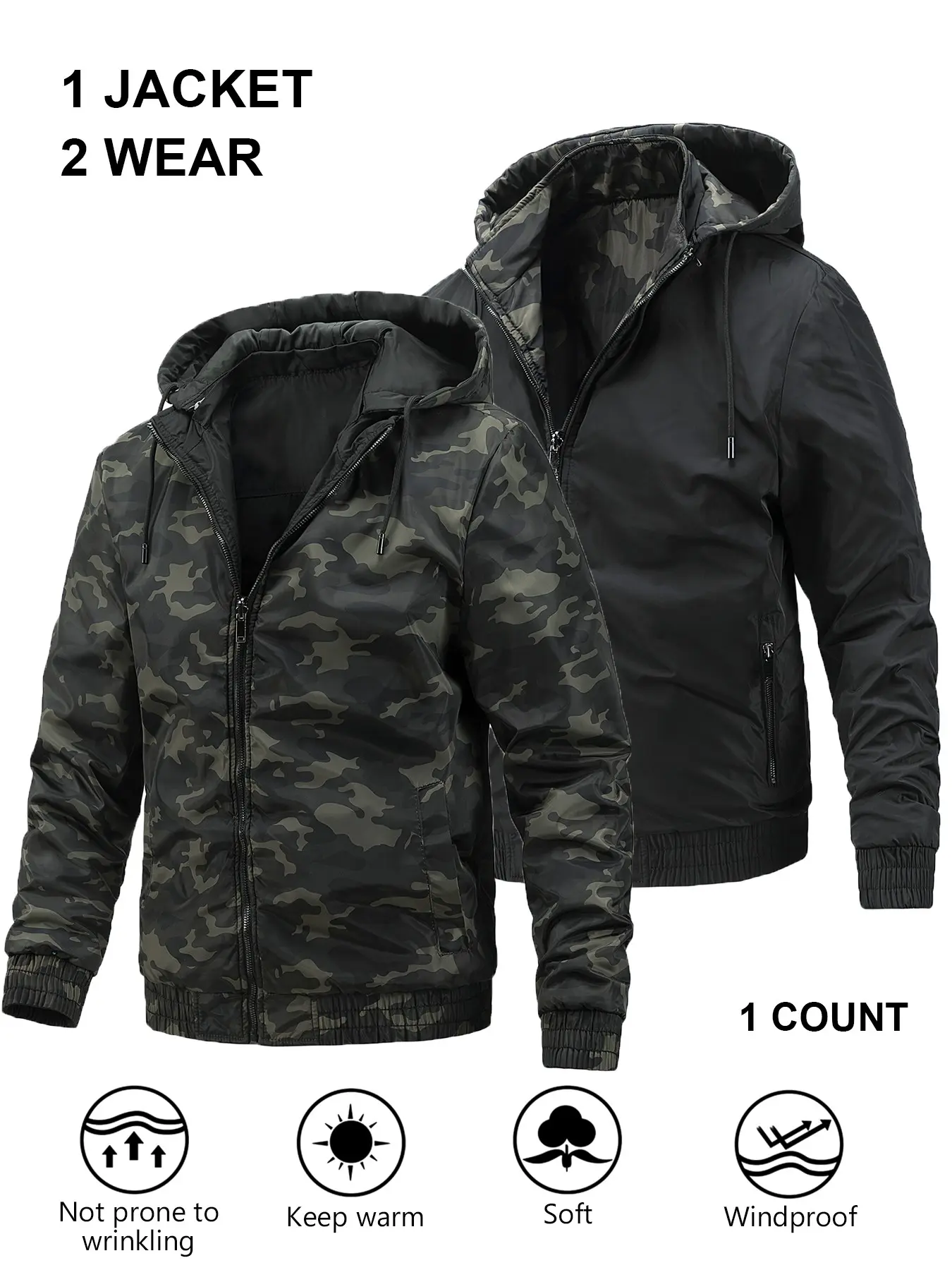 Men's Reversible Hooded Jacket Two Ways Wear Camouflage & Solid Color Windproof Outerwear, Soft Anti-Wrinkle Warm Zip Up Hooded Bomber Coat With Zipper Side Pockets, Casual Lightweight Jacket For Spring Autumn Daily Travel Outdoor Sports Daily Streetwear