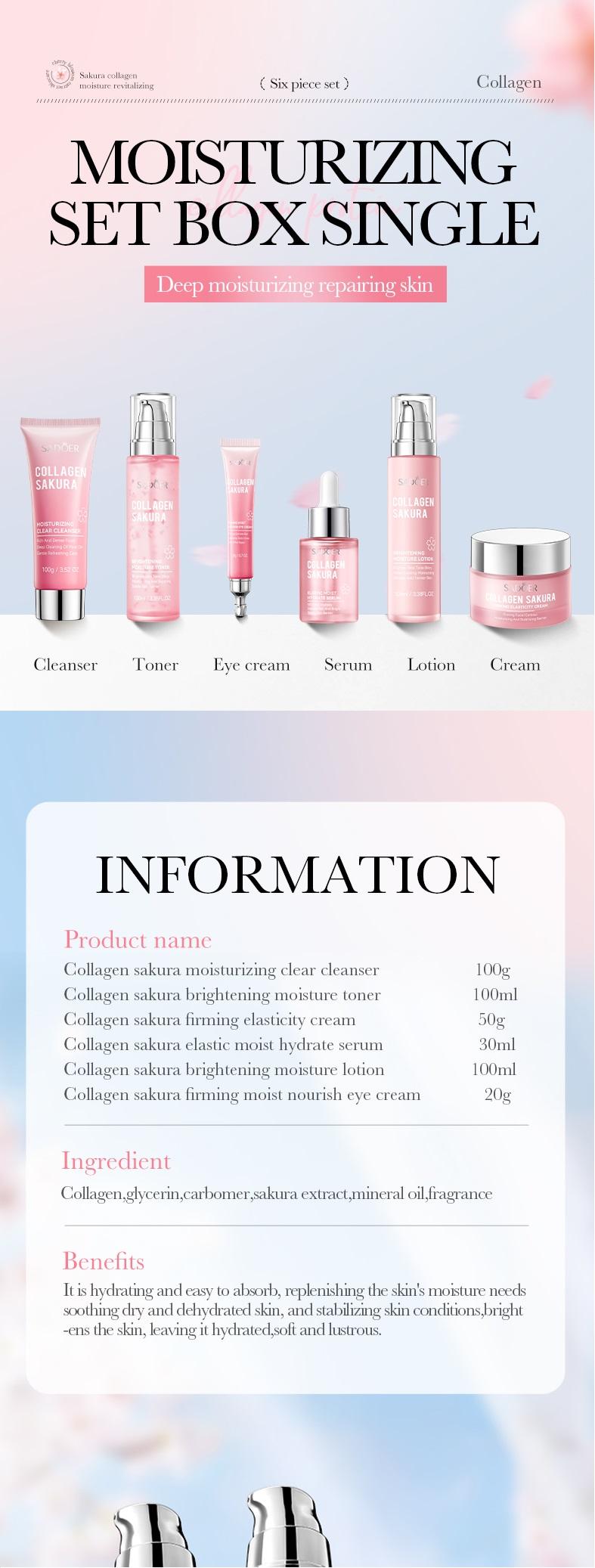 Sakura Collagen Skin Care Kit, 6 Counts/set Moisturizing Skin Care Kit, Including Hydrating Facial Serum, Toner, Facial Cleanser, Lotion, Face Cream, Eye Cream, Women's Skin Care Products