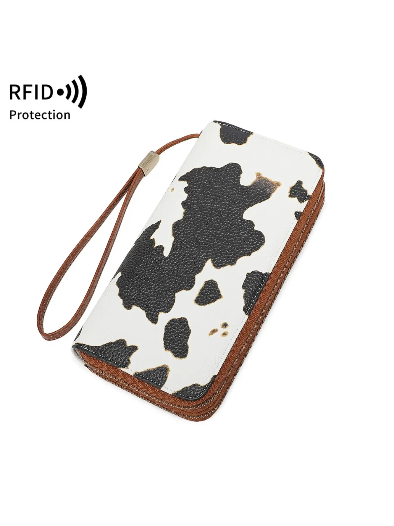 1Pc Women Long RFID Blocking Wallet, Vintage Double Zipper Wristlet Purse, Large Capacity Accordion Card Holder, PU Leather Cow Print Clutch Bag For Cash Phone Cards Travel Daily Use