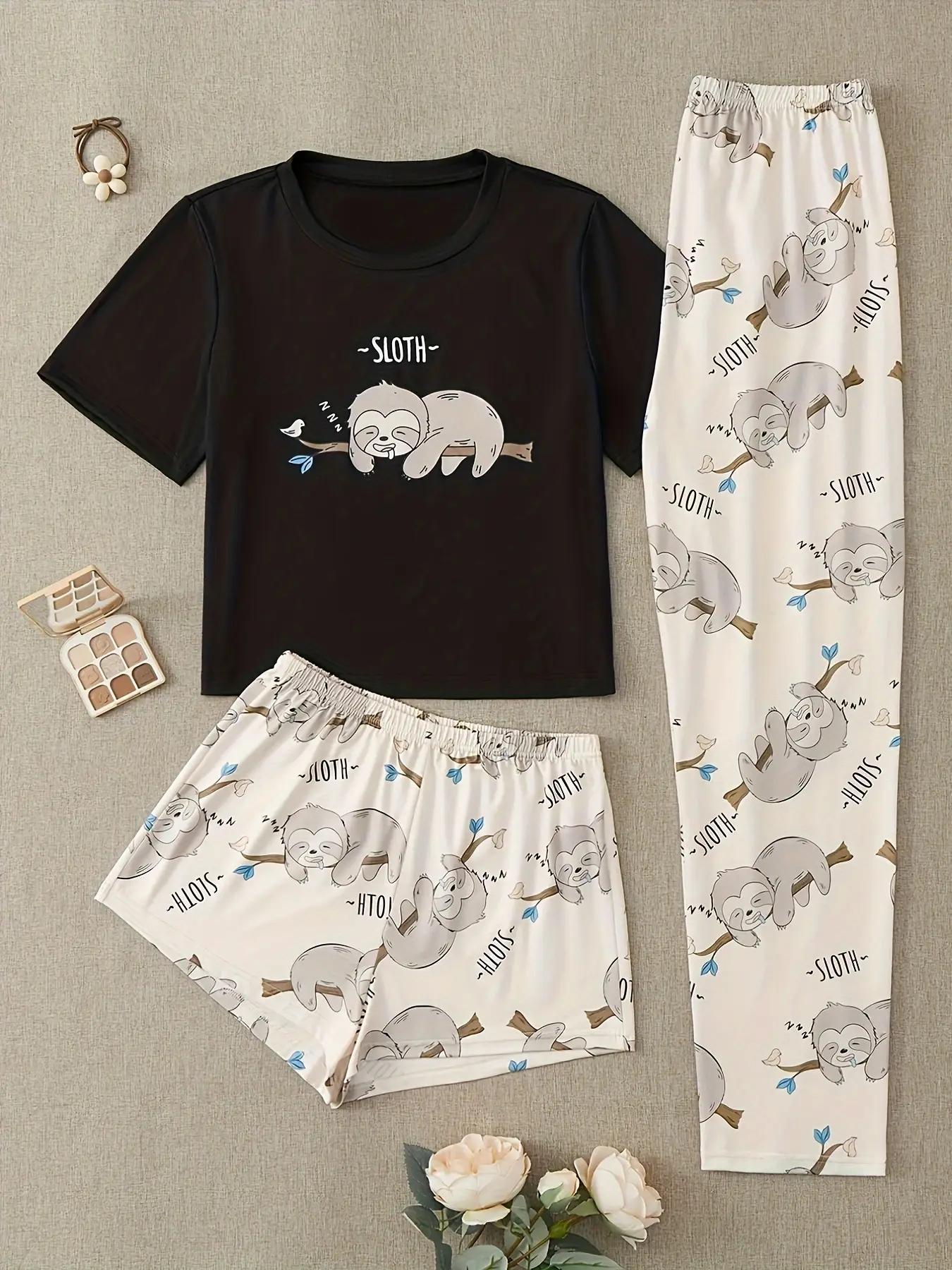 Three-Piece Set Women's Cute Cartoon Sloth Print Tee & Shorts & Pants Pyjama Set, Casual Comfy Crew Neck T-Shirt & Shorts & Trousers PJ Set, Summer Clothes Women, Summer Outfits 2024, Pajamas Lounge Set