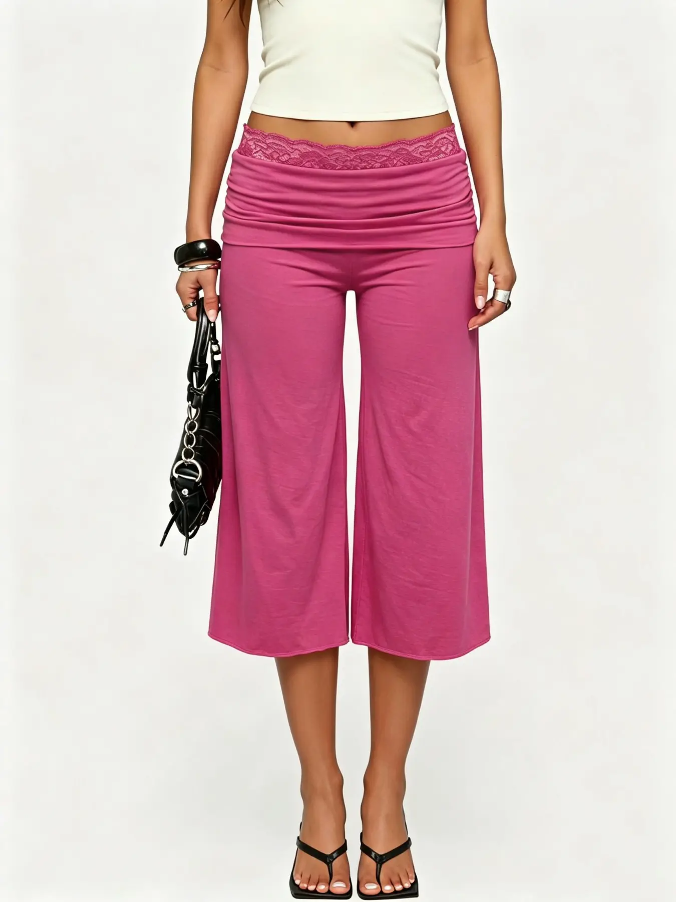 Trending Solid Color Fold-Over Waist Wide-Leg Capri Pants, Retro Loose Lace Trim Lettuce Trim Trousers, Soft Stretchy Fabric, Casual Vintage Relaxed Fit Bottoms, Perfect for Daily Wear, Hot Pink