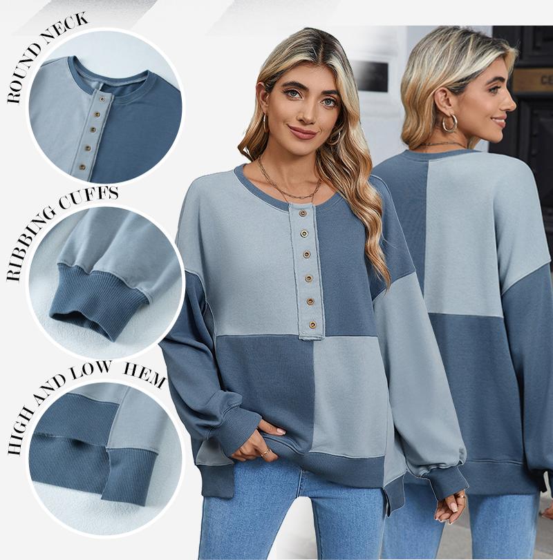 Shewin 2026 Cozy Oversized Color-Block Henley Pullover Women’s Long Sleeve Sweatshirt Soft Tie-dye Fabric Comfy Layering for Casual Daily Looks - Womenswear