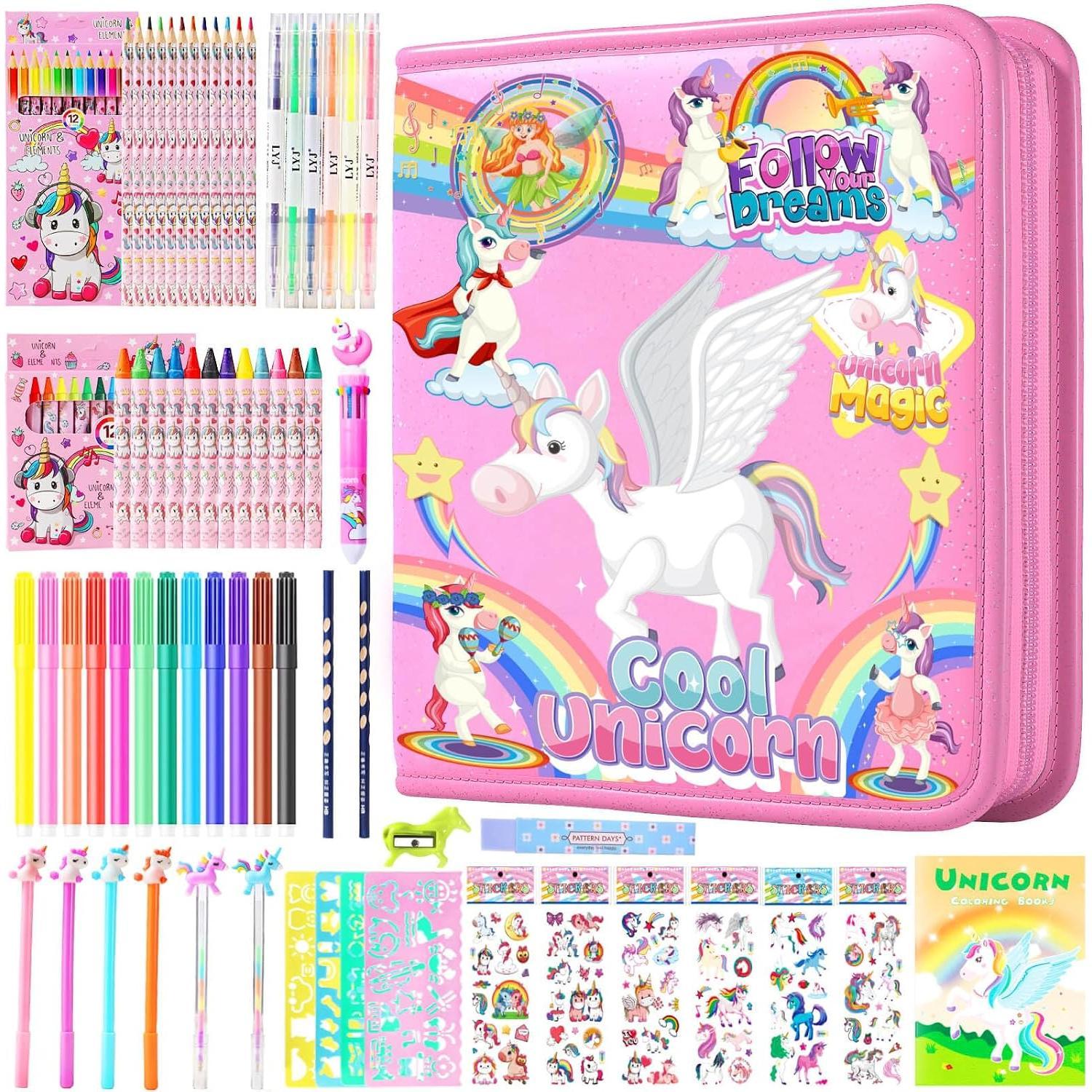 Markers Set 65 count- Art Coloring Drawing Kits with Unicorn Pencil,Crayon&Markers Stuff case Dinosaur