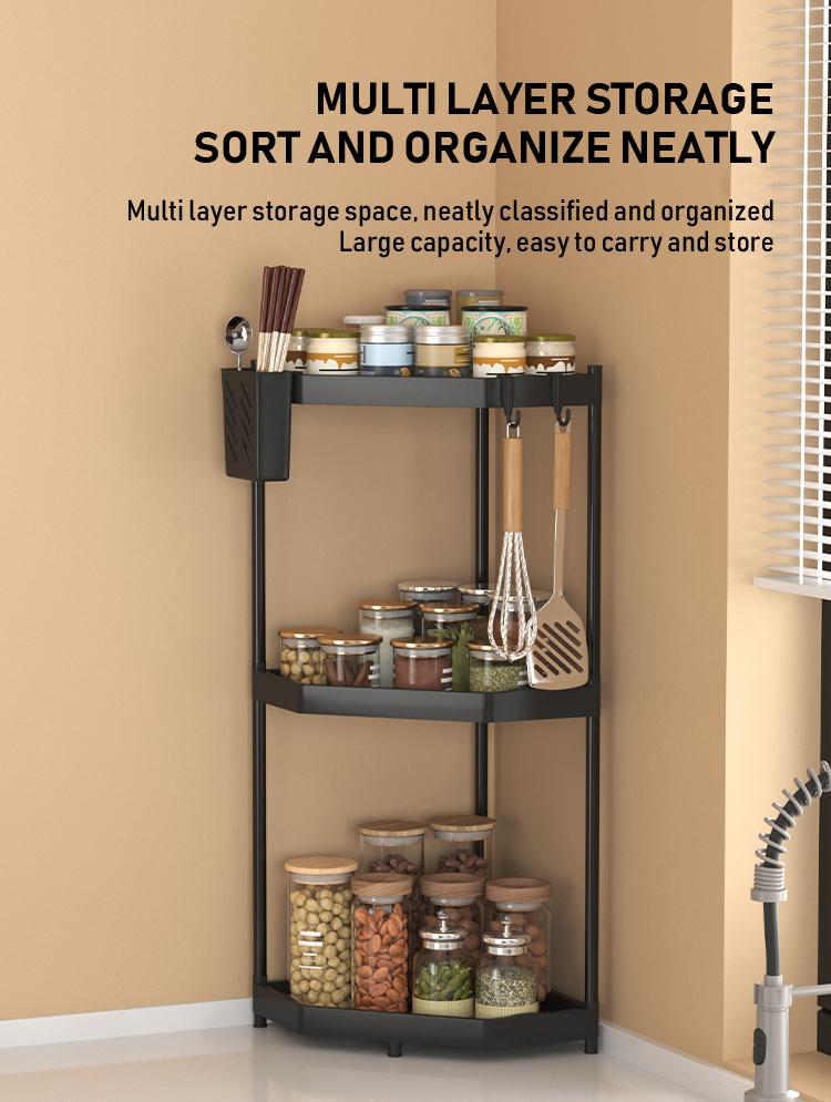 Kitchen Storage Rack, Space-Saving Corner Shelf, 2/3 Layer Standing Organizer, Ideal for Kitchen Utensils & Spices, Durable Design, Home Organizer Hook