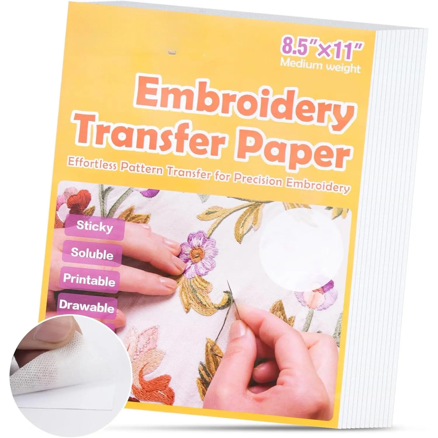 Water Soluble Embroidery Stabilizer, 12 Sheets 8.5" x 11" Printable Self-Adhesive Stick and  Transfer Paper, Wash- Embroidery Paper for Hand & Machine Embroidery
