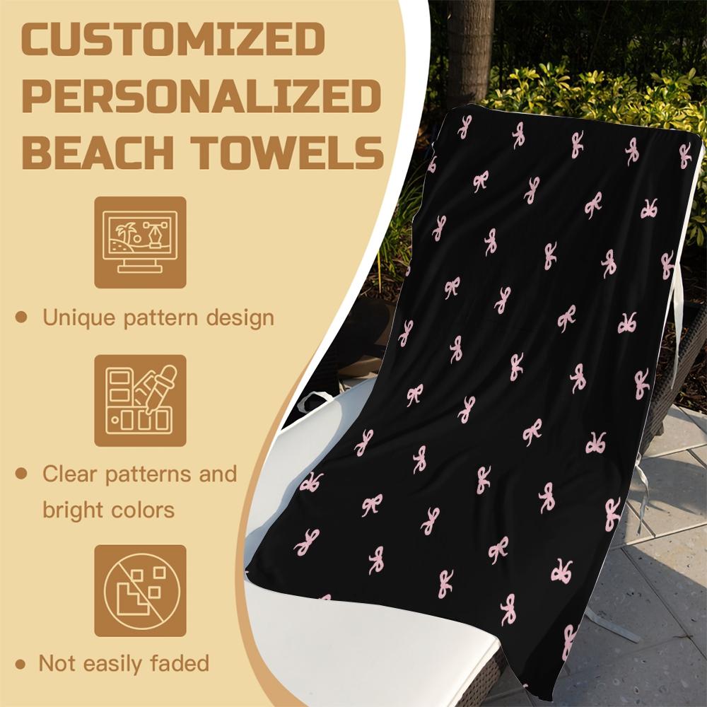 Cute Bow Print Beach Towel, Microfiber Quick Dry Towel with Heart Checkerboard, High-Value Aesthetic Gift for Girls
