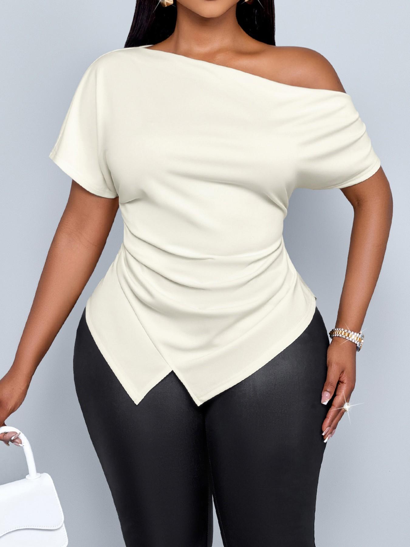 Plus Size Women's Casual Ombre Asymmetrical Hem Short Sleeve Top Blouse, Fitted Drop Shoulder Design, Perfect for Fall Season, Daily Wear &