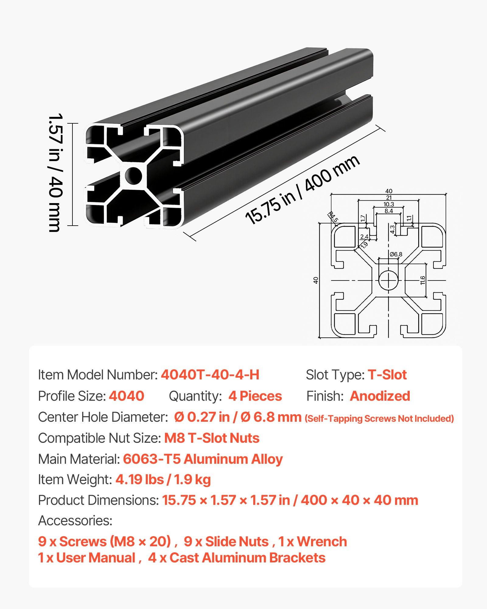 【FathersDayGift】 VEVOR 4PCS 4040 Aluminum Extrusion Profile, 15.75 Inch 400 mm, T Slot European Standard Anodized Linear Rail, High-Strength Extruded Aluminum Rail, for 3D Printer Parts and CNC DIY Workbench, Black