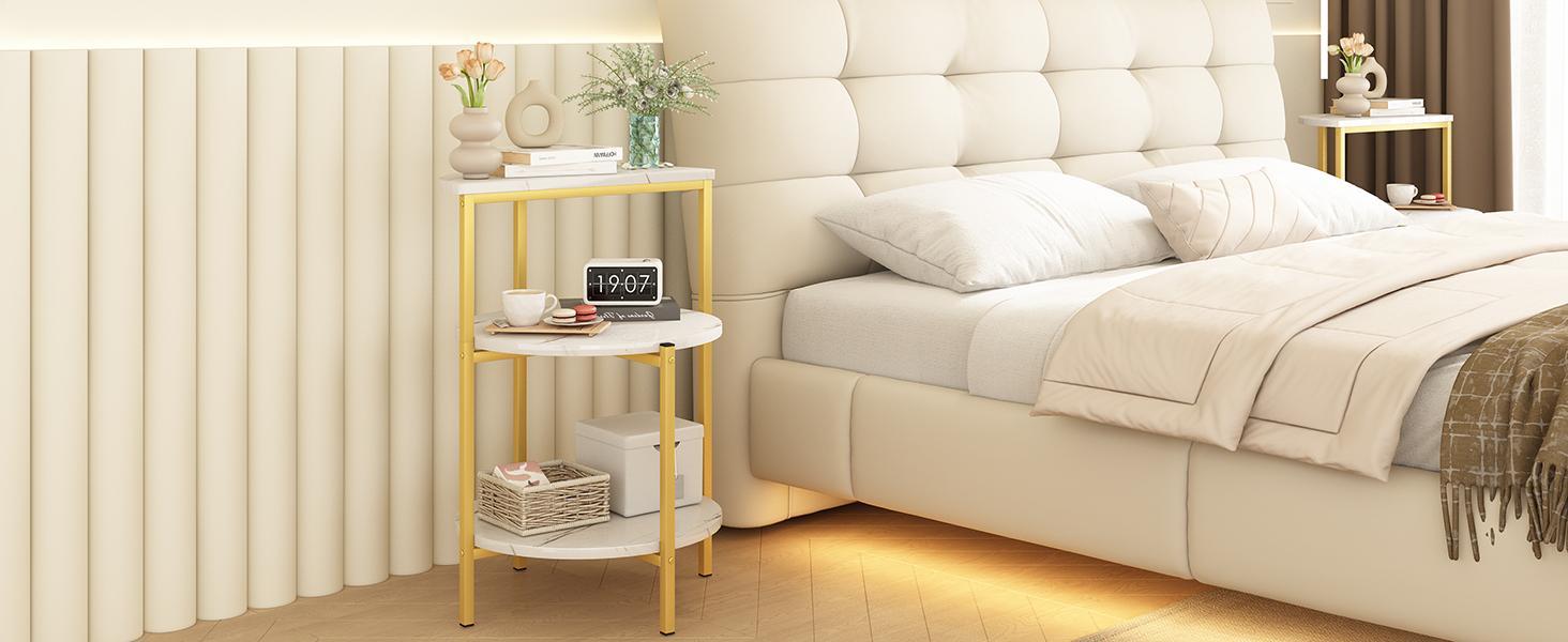 AWQM White, Black & Gold 3-Tier End Table, Faux Marble Round Side Table with Metal Frame, Nightstand for Bedroom & Small Spaces