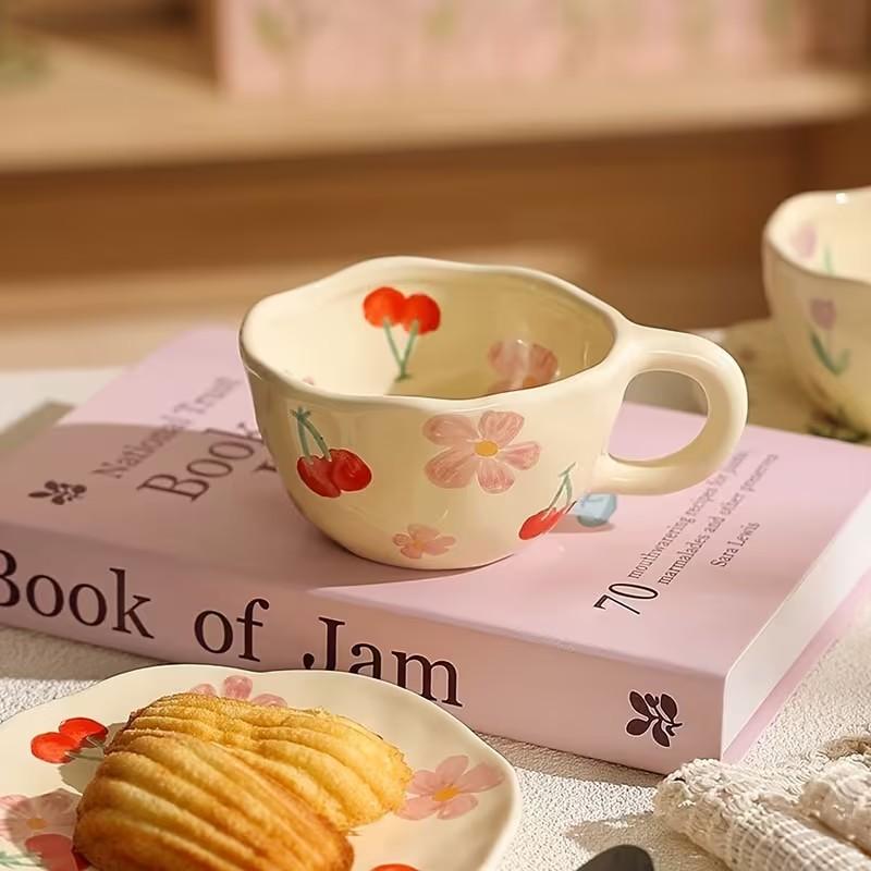 Floral Pattern Ceramic Cup, Irregular Flower Shape Coffee Mug, Milk Tea Cup, Korean Oatmeal Breakfast Cup, Drinkware