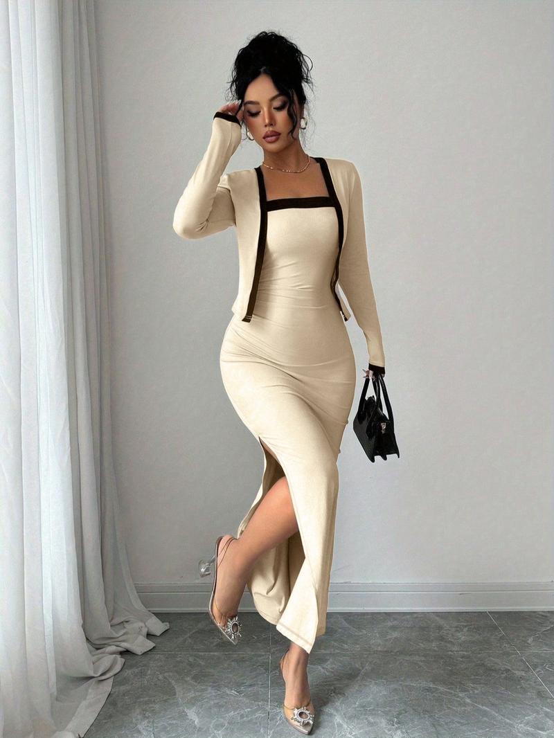 Women's Fall Winter Fashion Comfortable Colorblock Knit Cardigan and Side Slit Dress Set, Stylish Two-Piece