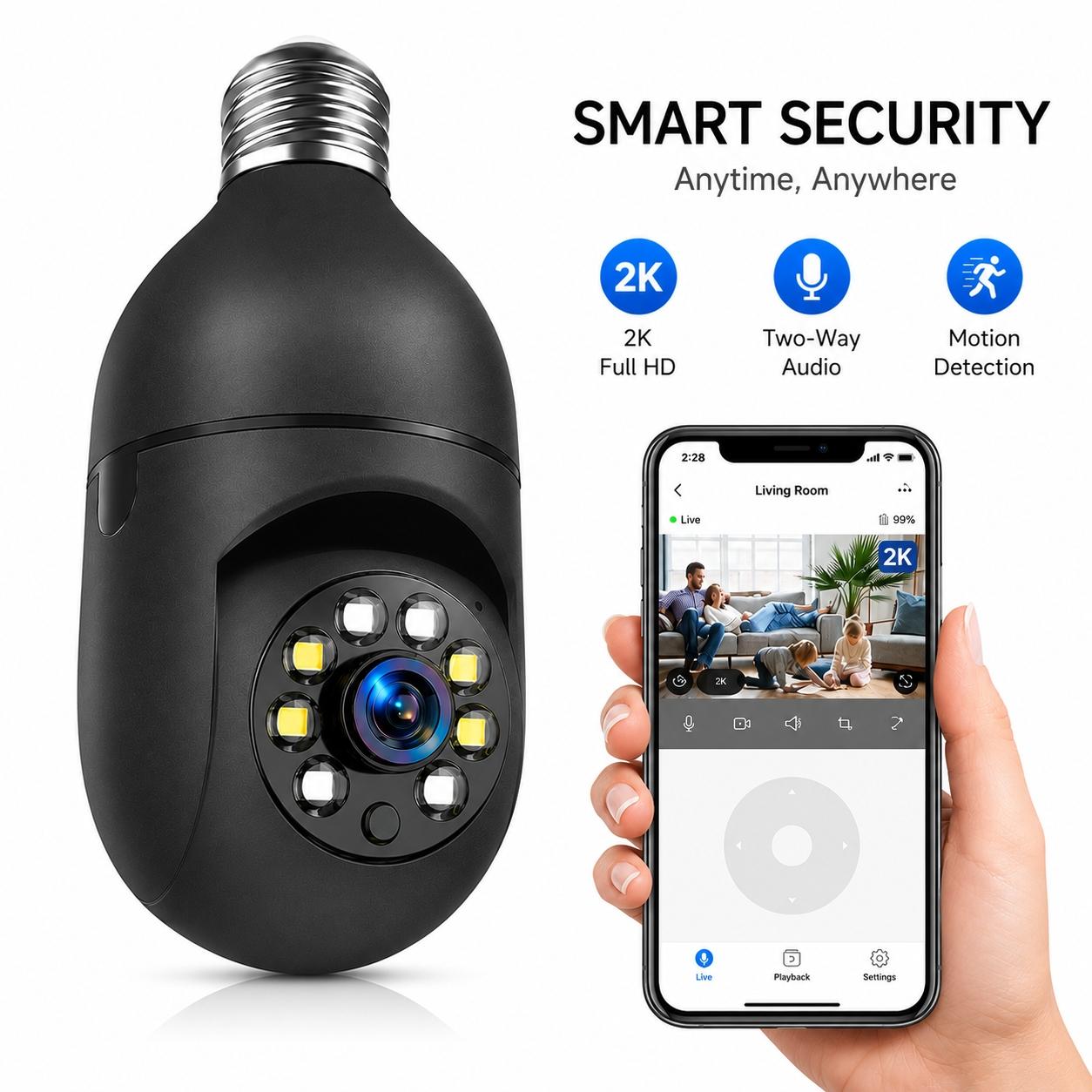 2.4GHz WiFi Security Camera, 2k Wireless Outdoor Motion Detection, Two-Way Audio, Color Night Vision, Human Body Detection, Bulb Camera
