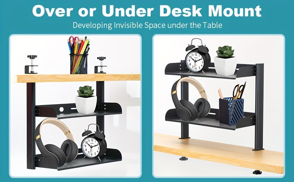 Adjustable Clip-On Desktop Organizer Rack, Double-Layer Metal Side Table, Easy to Install, Space-Saving Office Supplies Accessory Storage