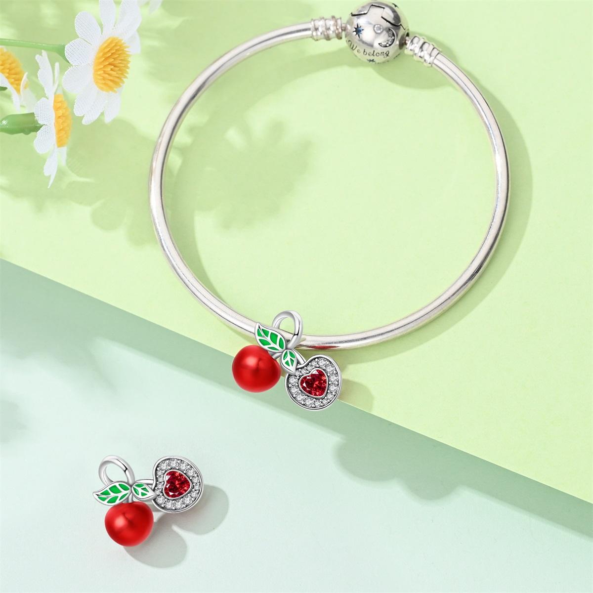 Cherry & Heart Dangle Charm, Ruby & Leaf Enamel, Cute Fruit Jewelry for Pandora Bracelet, Elegant Accessory for Women