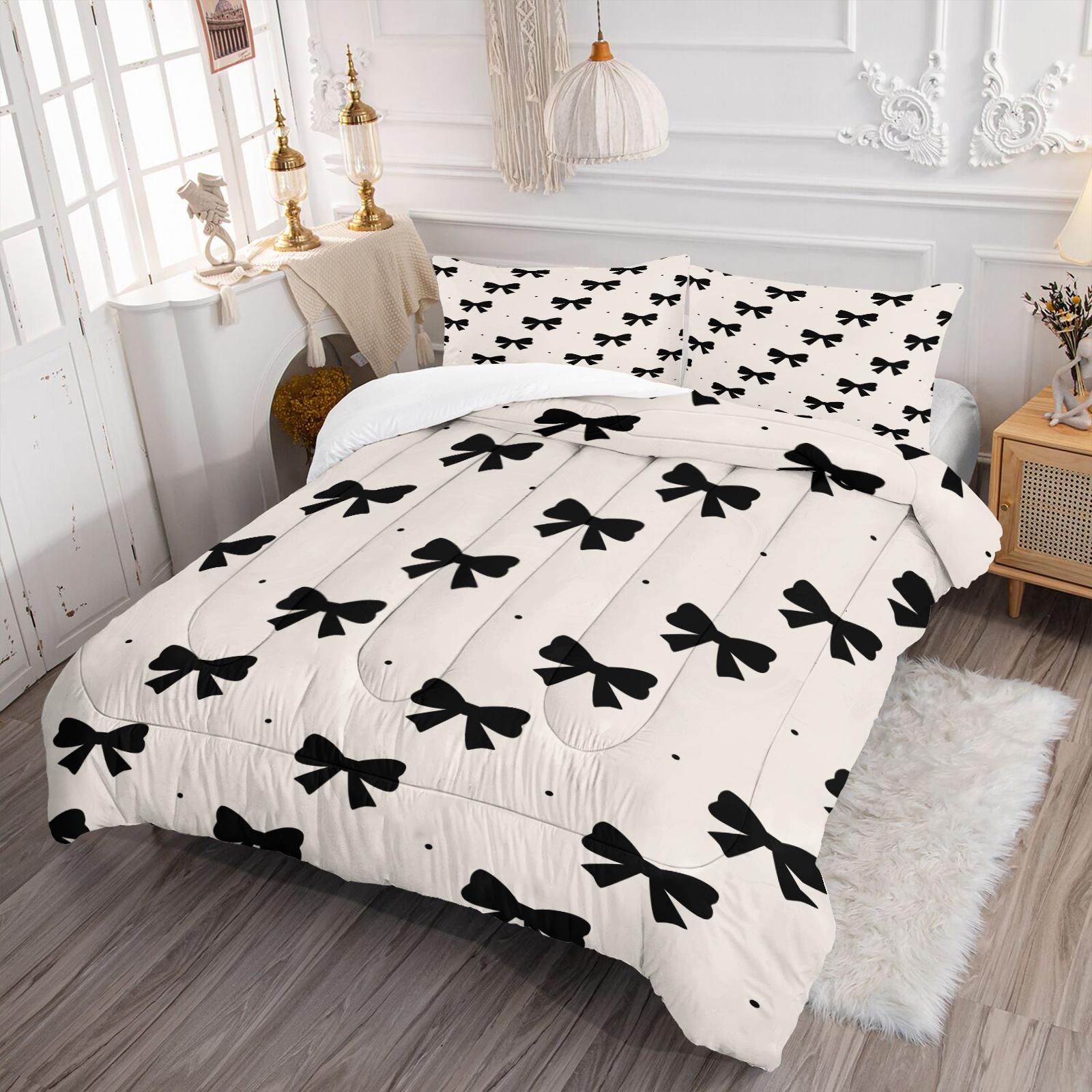 2/3 Pcs Cute Bow Knot Comforter Set, Pastel Sweet Ribbon Bedding for Bedroom, Warm Gift for Teen Girls and Women, Pillow Insert Not Included, Filling Included