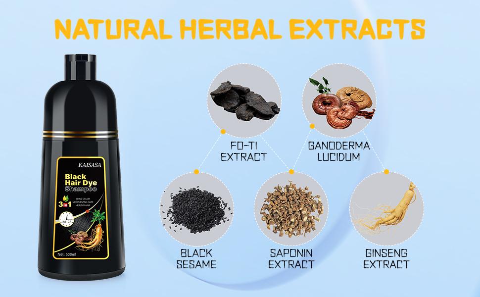 KAISASA Hair Dye Shampoo 3 in 1 - Herbal Ingredients Can cover gray hairs,Contains Ginseng Extract,Natural Haircoloring, black hairdye