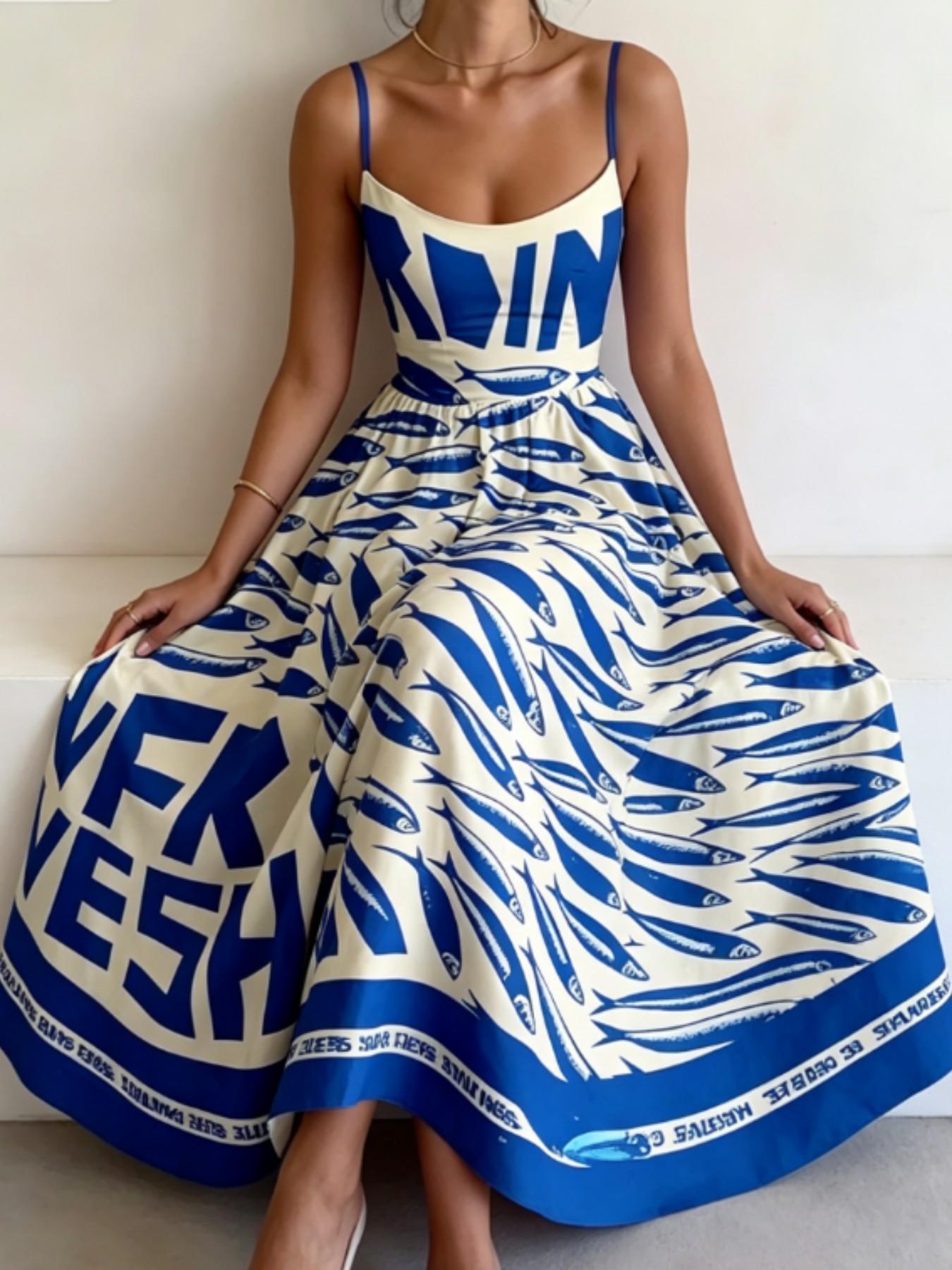 Blue Fish Pattern Letter Print Halter Dress, Summer Waist Cinch Slim Fit Midi Skirt, Vacation Style Elegant Dress for Women, Sleeveless