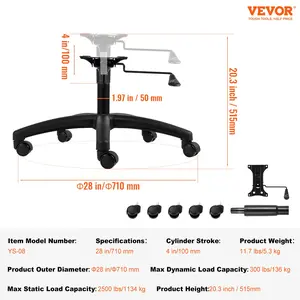 VEVOR Office Chair Base Replacement, 28, 2500 lbs Static Load, Heavy Duty Universal Computer Desk Chair Stool Base Part with 5 Casters, Gas Cylinder Seat Plate, Desk Chair Base Replacement, Black
