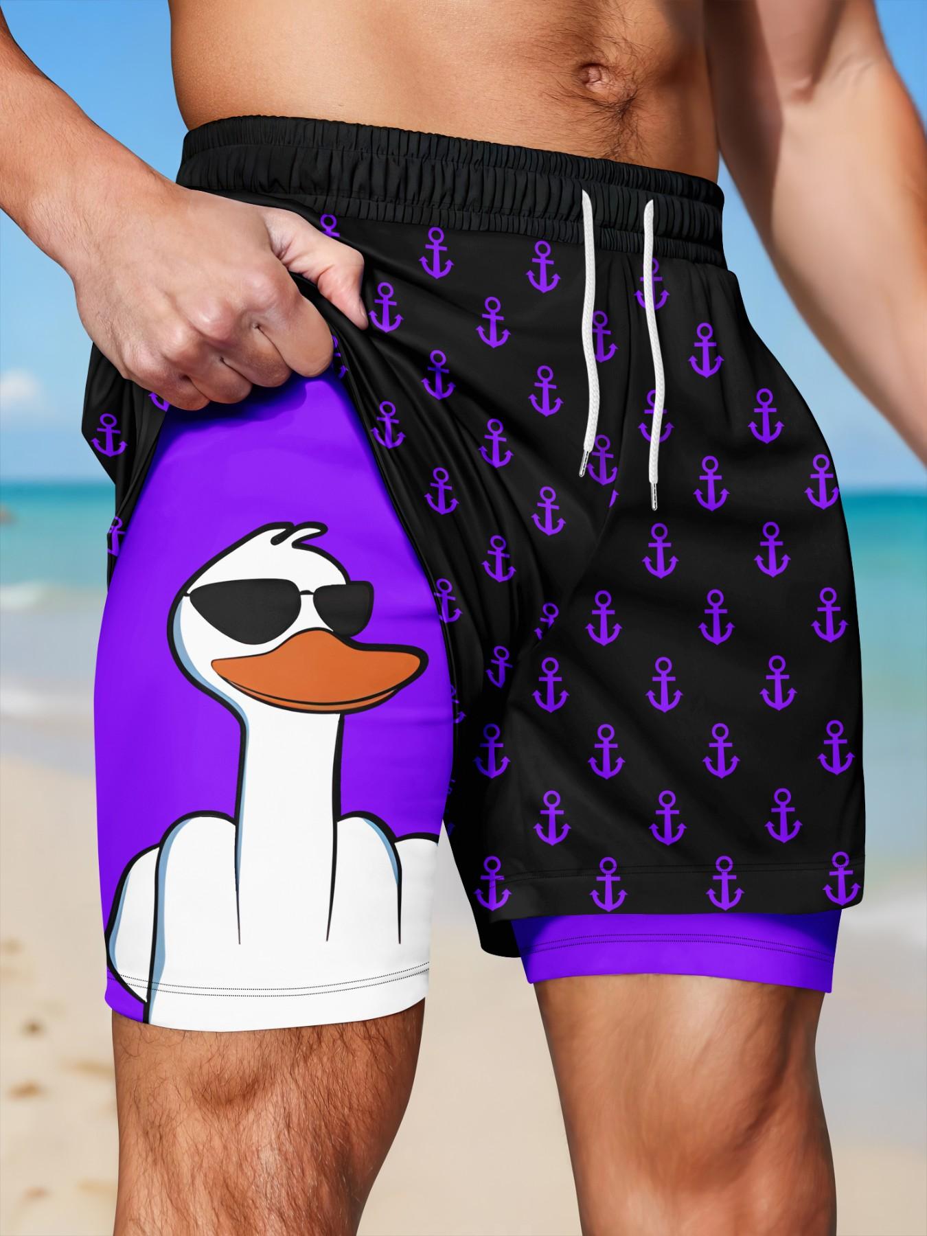 Men's 2-in-1 Quick-Dry Beach Shorts, Swimwear Shorts, Printed Swim Trunks, Cool Cartoon Duck & Anchor Print Drawstring Casual Summer Swim Trunks, Swimsuit Shorts for Vacation #GLOBAL PICKS
