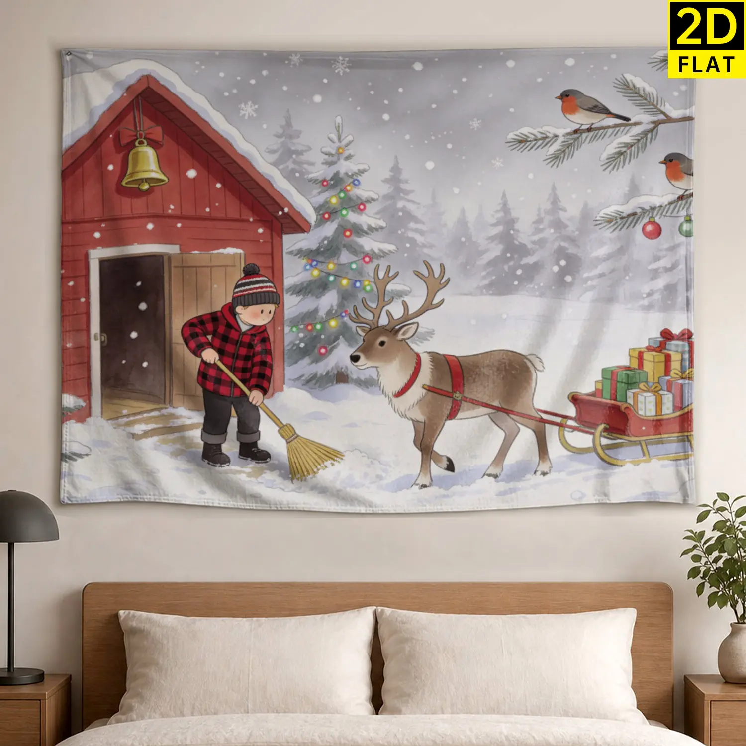 Winter Christmas Reindeer Forest Wall tapestry,Large size Printed Horizontal Tapestry blanket,Polyester Fabric Wall Hanging for living room,holiday party,No Installation Required,Indoor,Outdoor,Gift for Family and Friends