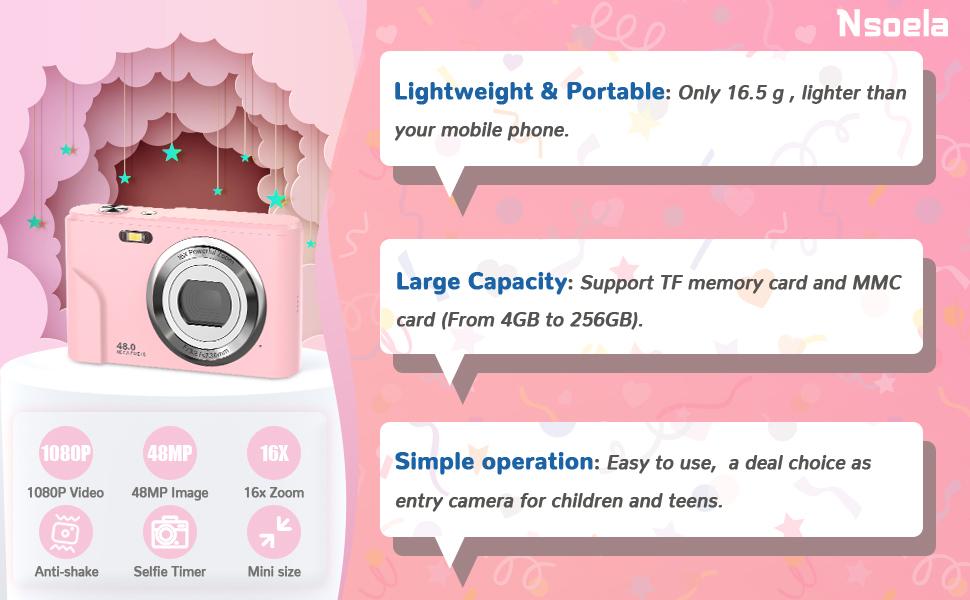 Auto Focus Digital Camera, Full HD 1080P/48MP Mini Camera with 16x Zoom for Teenagers Beginners, 32G Memory Card, Gift