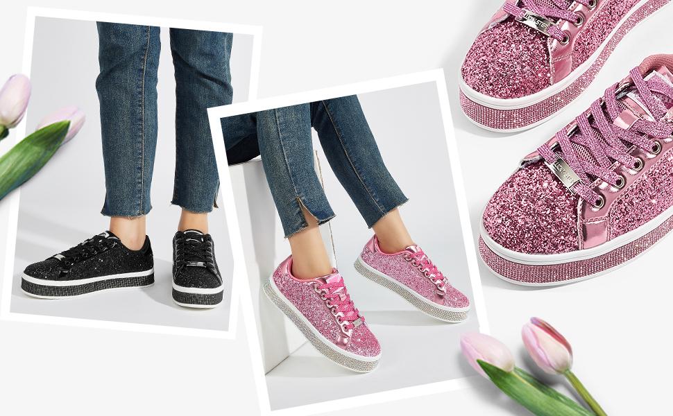 LUCKY STEP Women's Platform Glitter Sneakers Sparkly Bling Shiny Dressy Bedazzled Wedding Bridal Fashion Walking Shoes with Non-Slip TPR Outsole & Rhinestone Embellished