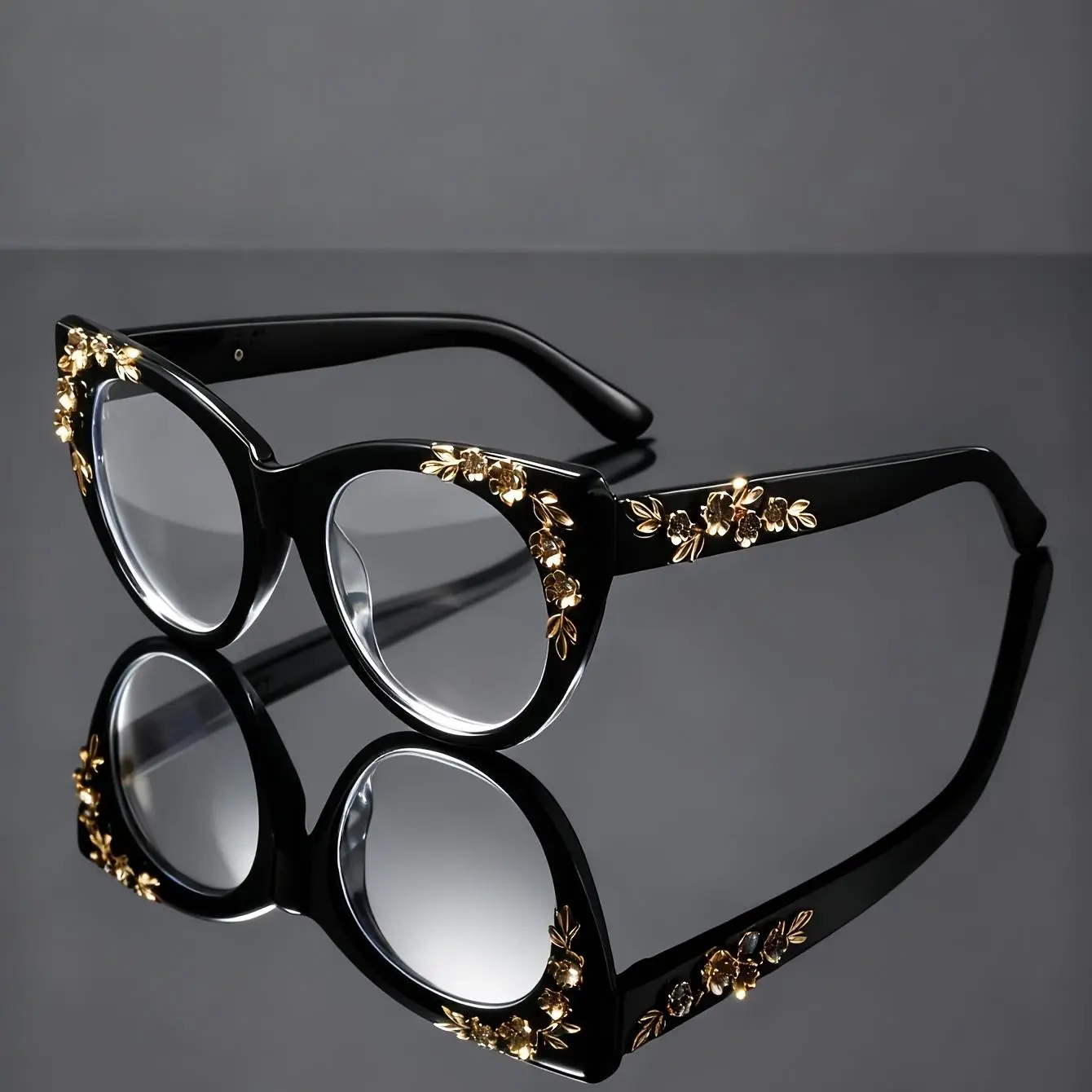 Cat-eye Style Eyeglass Frame with Floral and Golden Leaf Embossed Decoration; Luxurious and Practical, Ideal as a Fashion Accessory or for Daily Use, New Colorway Elegant Premium Eyeglass Frame for Women, Clear Lenses