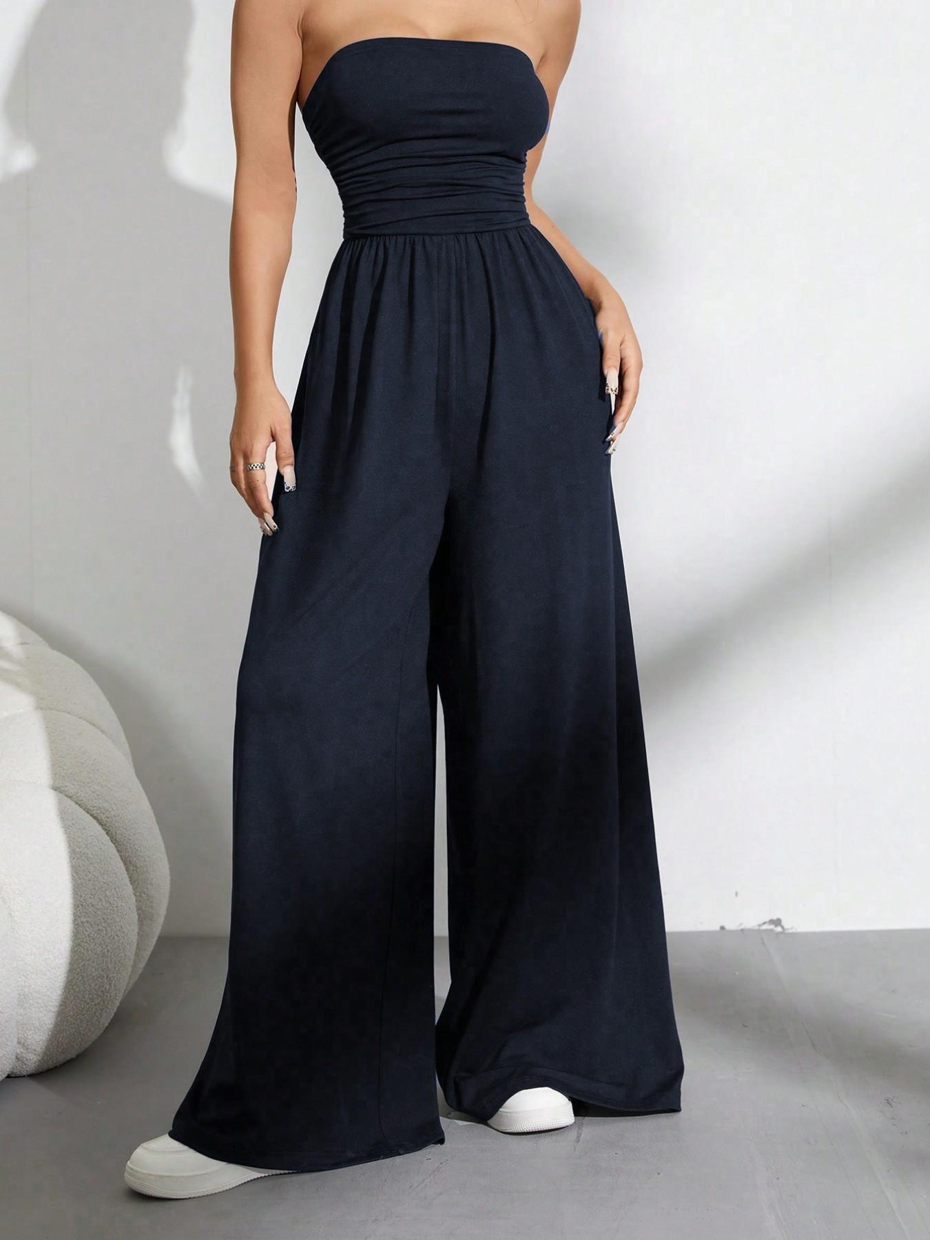 Solid Color Casual Sleeveless Pleated Loose Jumpsuit, Slim-Fitting Ruched Design, Elastic Waist, All Seasons Wear, Organic Textile, Waistband Jumpsuit